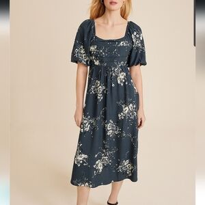 Floral Puff Sleeve Midi Dress in Navy